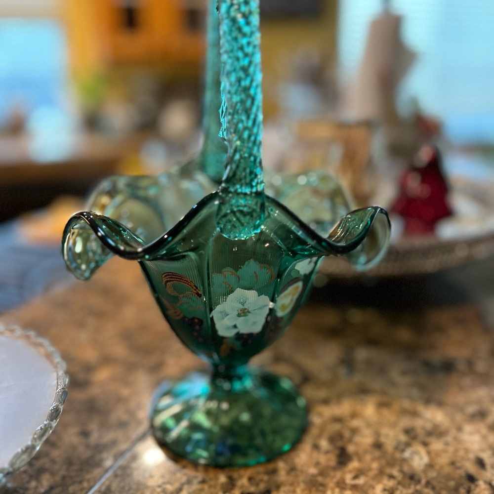 Teal Fenton glass vase 10” signed hand painted